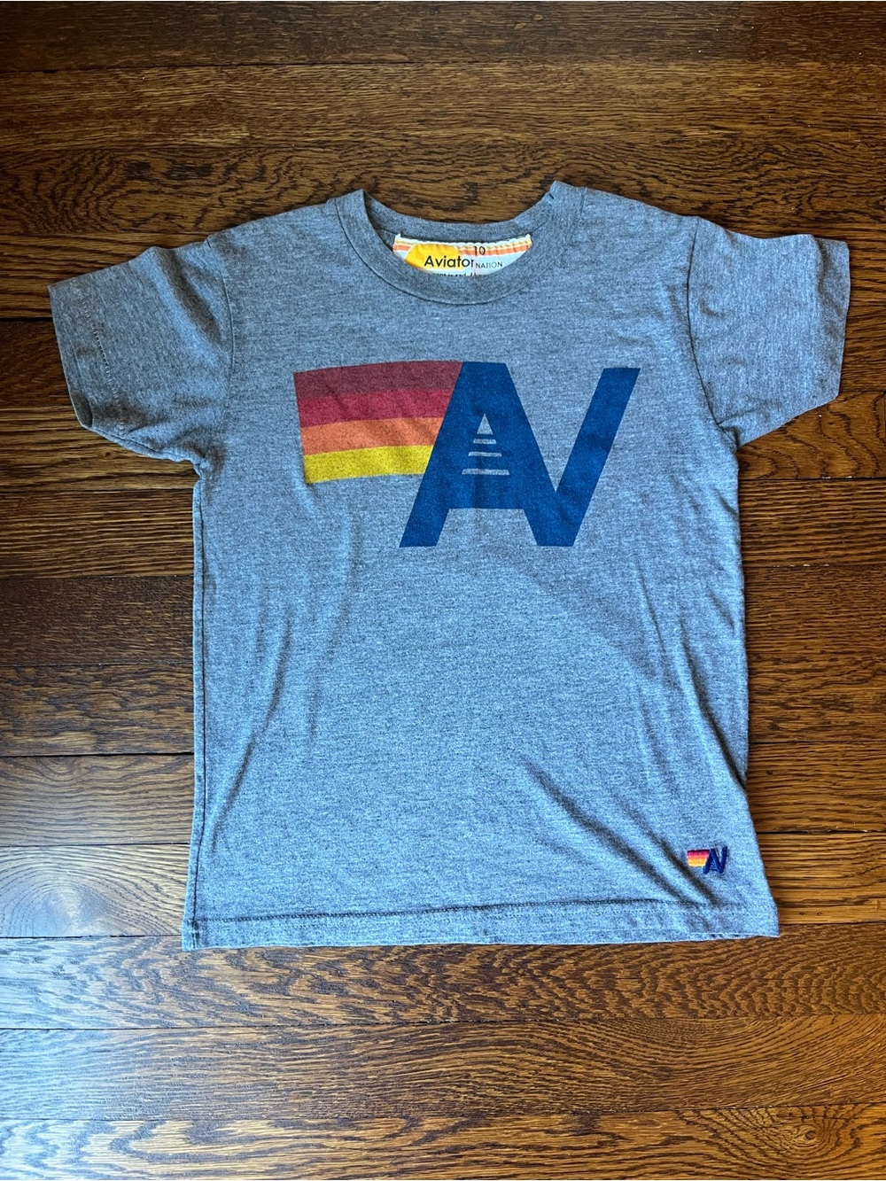 Aviator Nation Kids Gray Crewneck Tee with Retro Stripe AV Logo - Size 10